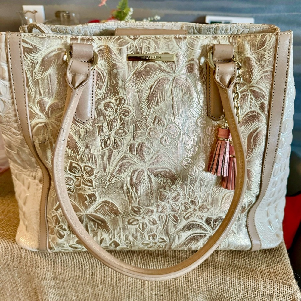 Brahmin Purse Joan Tote Creme Prescott Gold Palm Trees Gator Leather Handbag